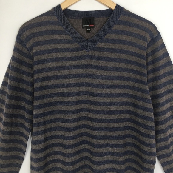 Murano Men’s V-Neck Merino Wool Sweater Gray Stripes Size Medium Long Sleeves - Picture 2 of 11